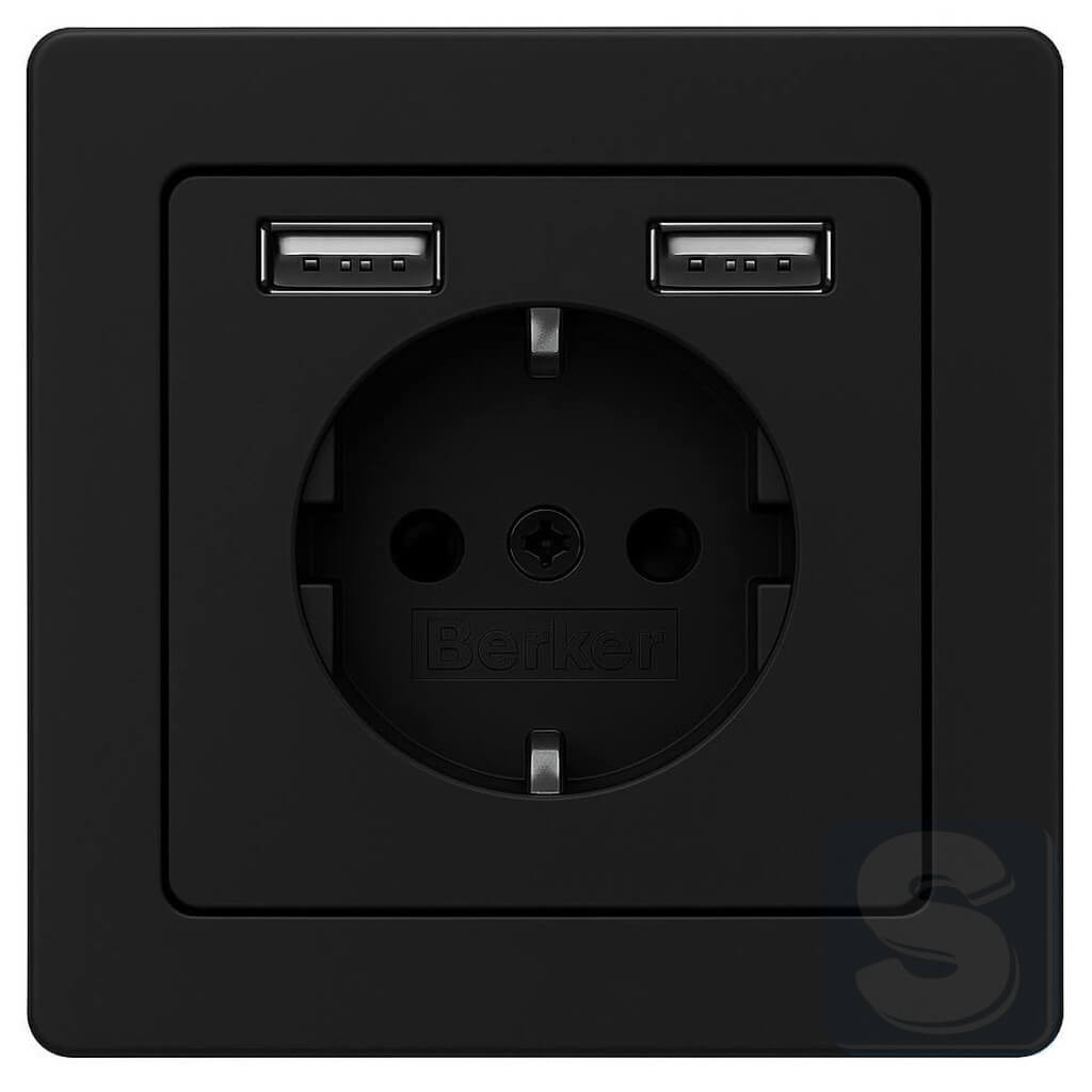 Розетка з з/к 16А + 2хUSB 2.4A антрацит з ефектом оксамиту, Hager Berker Q1 (48036086-Q1)