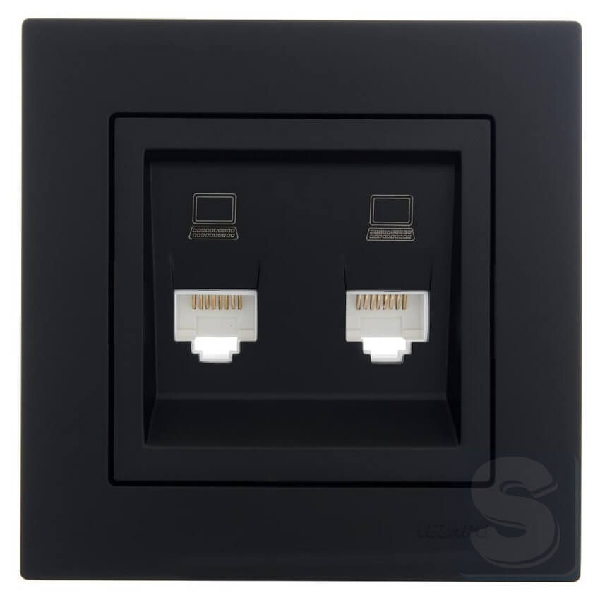 Розетка комп'ютерна подвійна RJ45х2 cat 5 Lezard VESNA чорний антрацит без рамки (742-4288-141)