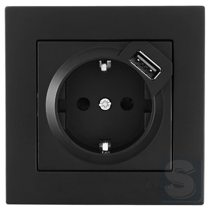 Розетка із з\к 1xUSB Lezard VESNA чорний антрацит 742-4288-181