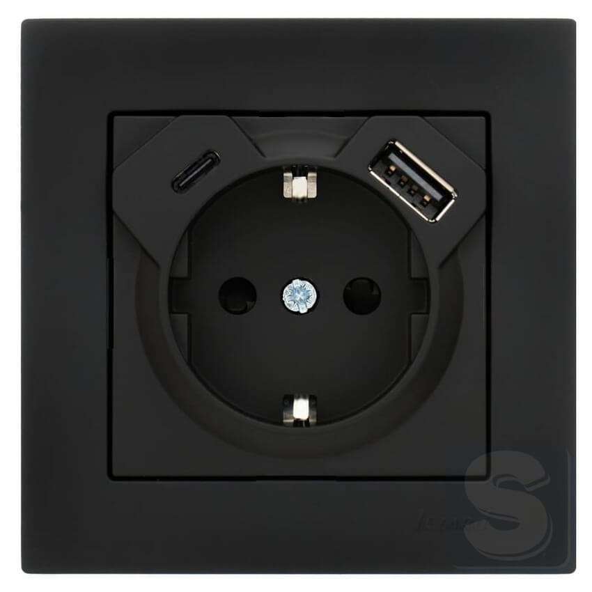 Розетка із заземленням Тип - TC+USB роз'єм 5V/3А (16А-250V) Lezard VESNA чорний матовий без рамки (742-4288-181TC)